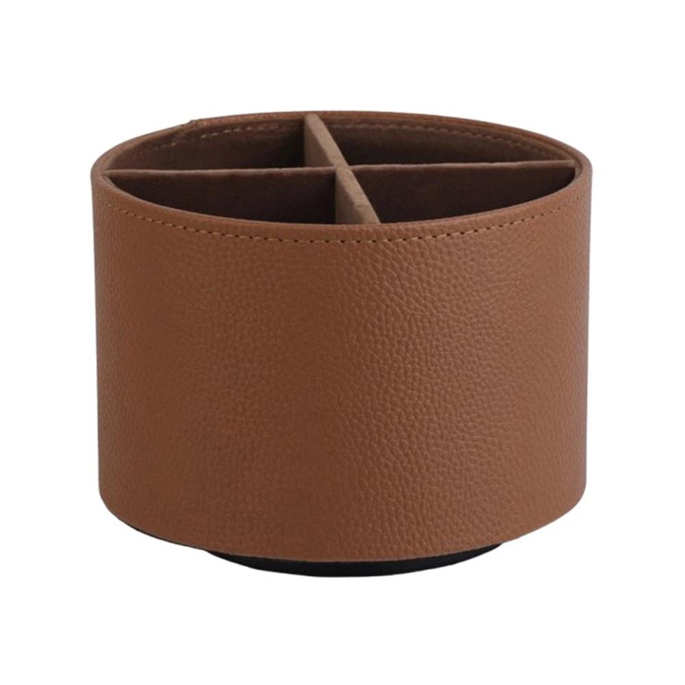 Rotatable 360 Degree Leather Storage Holder Box Makeup Brush Rotating Desktop Rotary Cylinder Cosmetics Shelf Pen Holder