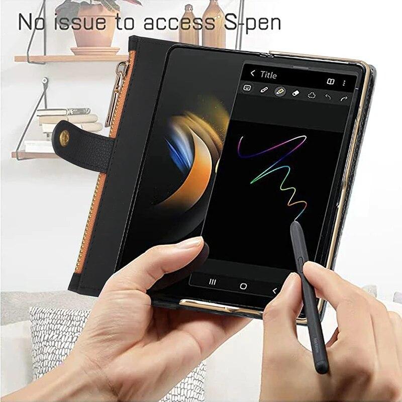 Kožené pouzdro na peněženku pro Samsung Galaxy Z Fold 6 4 3 2 5 5G s držákem na pero Slot pro kartu Zip Flip Cover