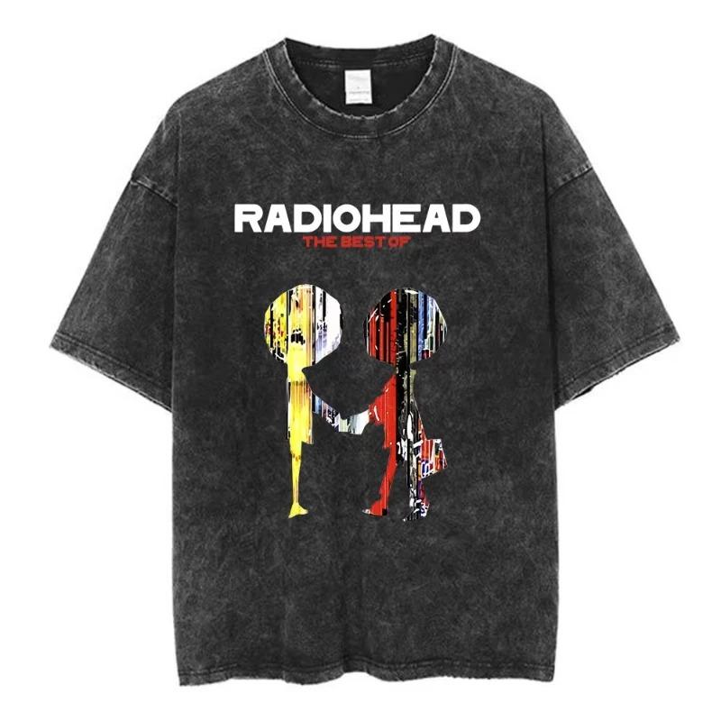 Radiohead OK Computer Vintage Washed TShirt British Rock Band Unisex Hip Hop Streetwear Pure Cotton Fashion Casual Short Sleeve