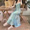 French Gradual Change Smudging Collar Suspender Dress Women's Summer Seaside Vacation Wind Waist Thin Fishtail Long Skirt