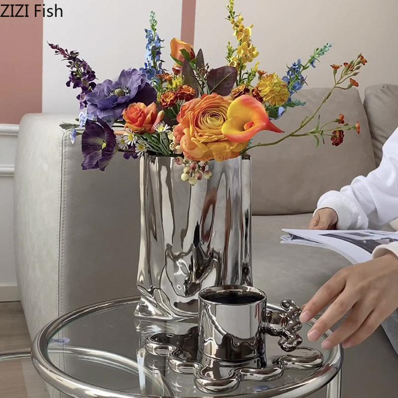 Silver Plated Ceramic Vase Desk Decoration Creative Pleated Vases Decorative Flowers Pots Flower Arrangement Modern Home Decor
