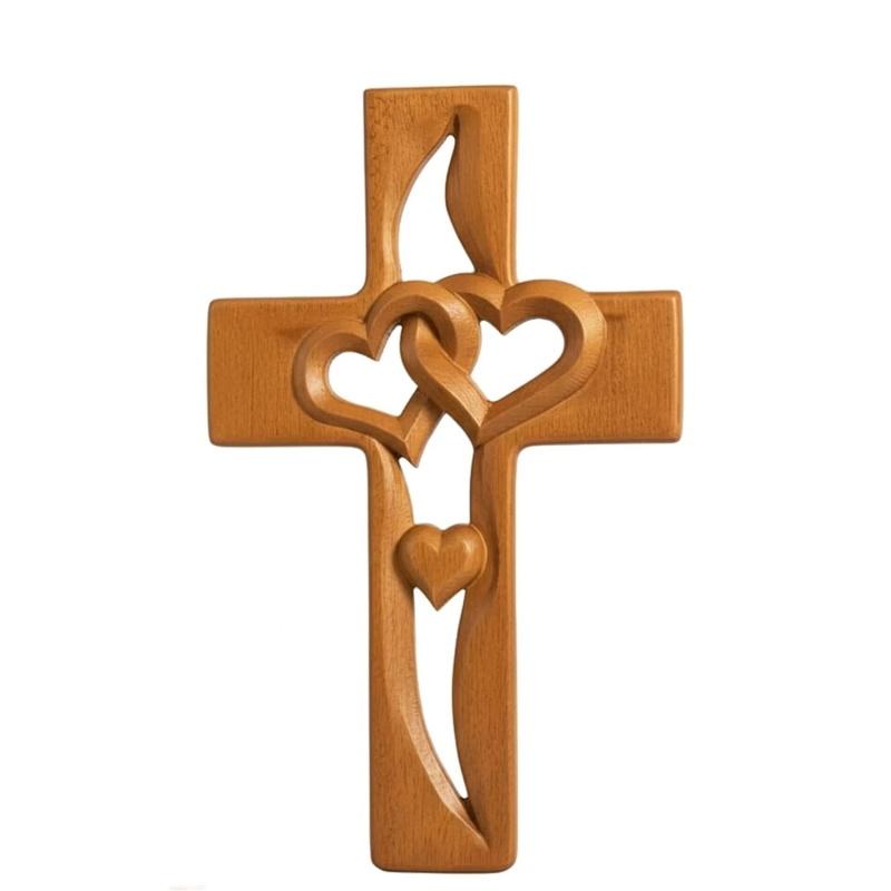 Hand-Carved Intertwined Hearts Wooden Cross, Hanging Hand Carved Marriage Cross