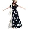Plus-Size French Style V-Neck Summer Dress: Slimming High Waist A-Line with Tummy Conceling Print