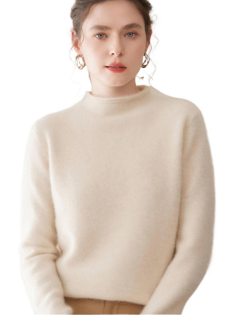 Cashmere Women's Loose Fit Half-High Neck Rolled Hem Pullover Sweater