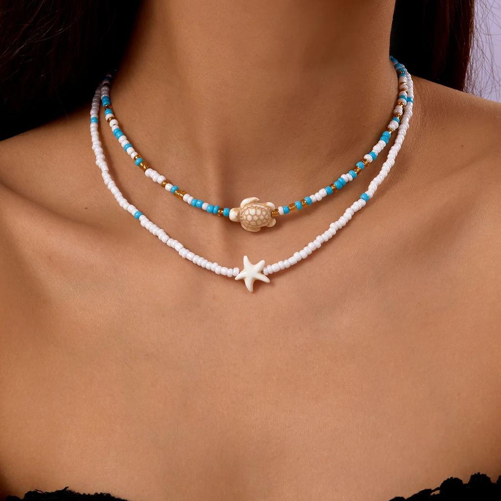 Bohemian Mixed Color Rice Beads Starfish Pendant Necklace for Women Double Turtle Chain Clavicle Necklace Summer Travel Jewelry
