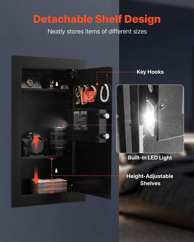 Wall Safe, 3-Tier Hidden Wall Mounted Safe with Password & Key, Q235 Cold-Rolled Steel In-Wall Box with LED Lighting, 2 Adjustable Shelves & 5 Key