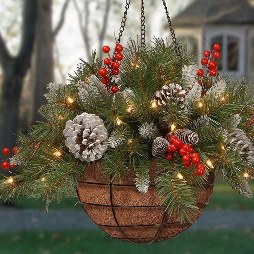 Faux Christmas Greenery Artificial Greenery Christmas Basket With Pine Cones Berries For Home Decor Party Holiday Indoor Outdoor