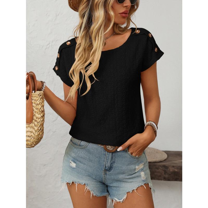 T-shirt da donna a maniche corte con bottoni, girocollo, tinta unita, con trafori, nuova per primavera ed estate