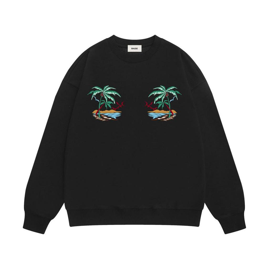 New Men's RHUDE Letter Print Loose Terry Round Neck Hoodie