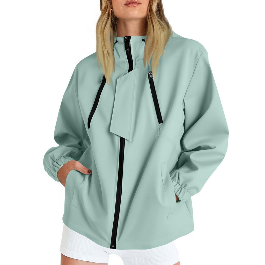 Women Solid Stripe Rain Jacket Outdoor Plus Waterproof Hooded Raincoat Windproof