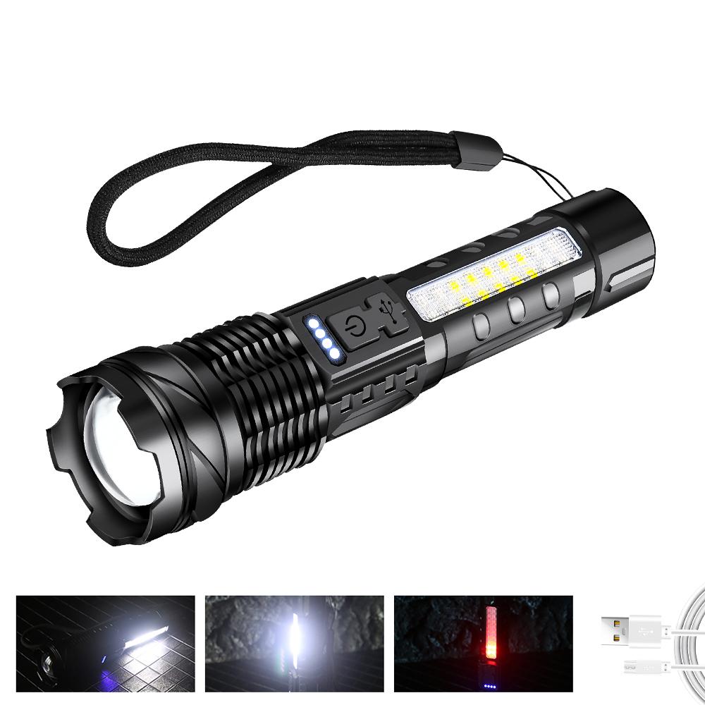 High Power LED Flashlight Powerful TYPE-C Rechargeable Zoom Flashlight with COB Side Light Torch for Outdoor Camping Hiking