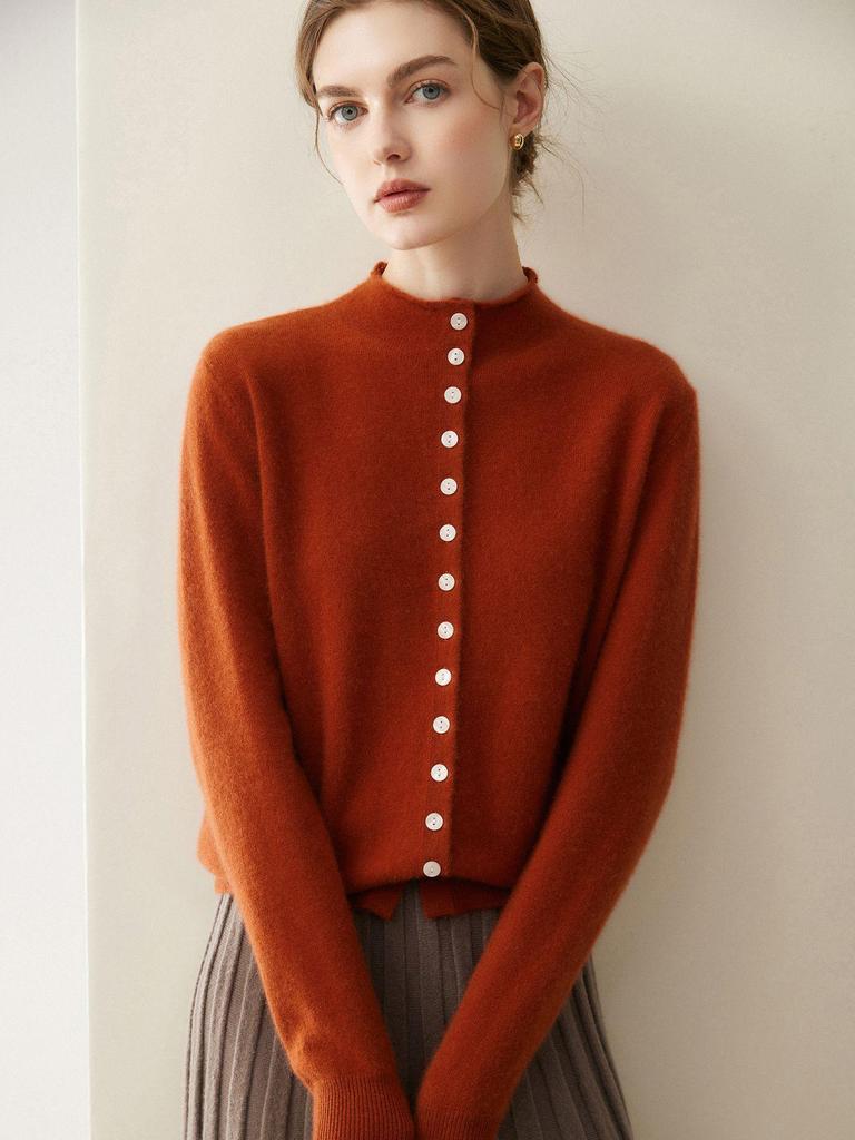 Women's Autumn/Winter 2026 Pure Cashmere Single-Breasted Cardigan - Half-High Neck, Rolled Edge, Gentle Style Base Layer