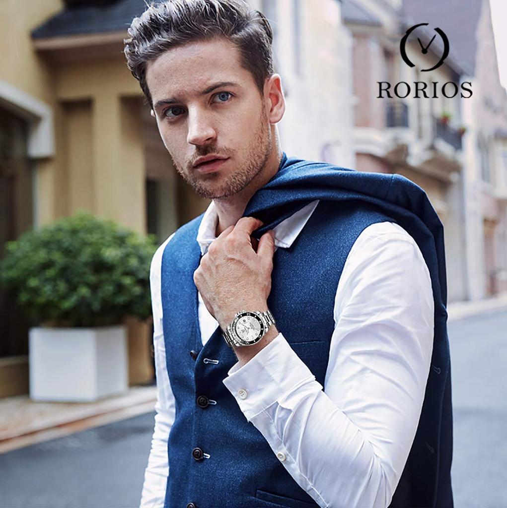 RORIOS Automatic Mechanical Watch with Date Analog Quartz Rotating Luminous Stainless Steel Popular Business Watch with Large Silver Ideal for Men and