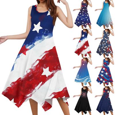 Women's Casual Fashion Round Neck Sleeveless Print Irregular Hem Midi Dress