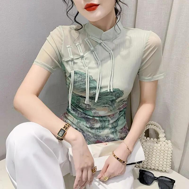 Women's Light Green Chinese Style Landscape Print Frog Button Sheer Mesh Short Sleeve Blouse