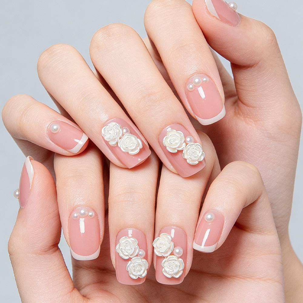 3D Rose Pearl Rhinestone French Manicure Nails - Glossy & Removable Set of 24