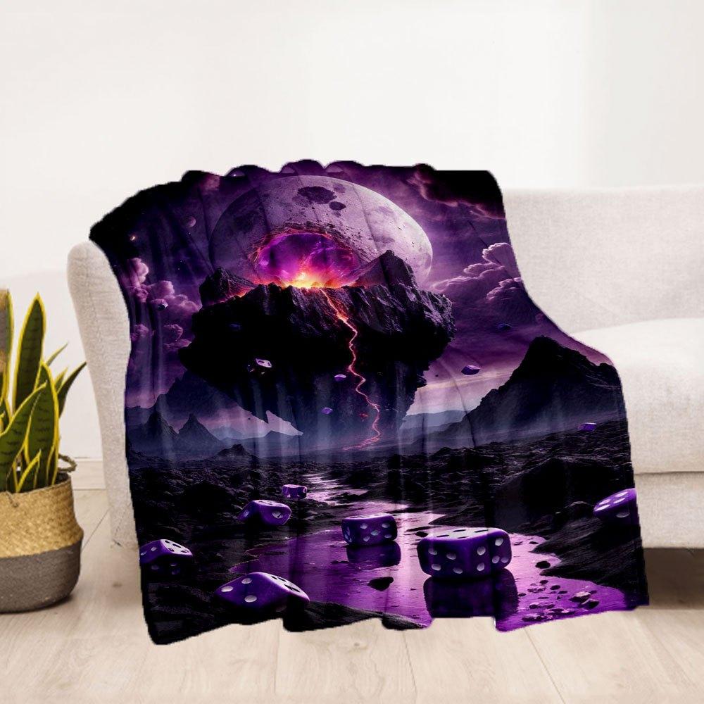 Purple Dice Fantasy Landscape Wall Art PrintBlanket Flannel Throw Blanket for Sofa, Bed, Travel, Camping, Office