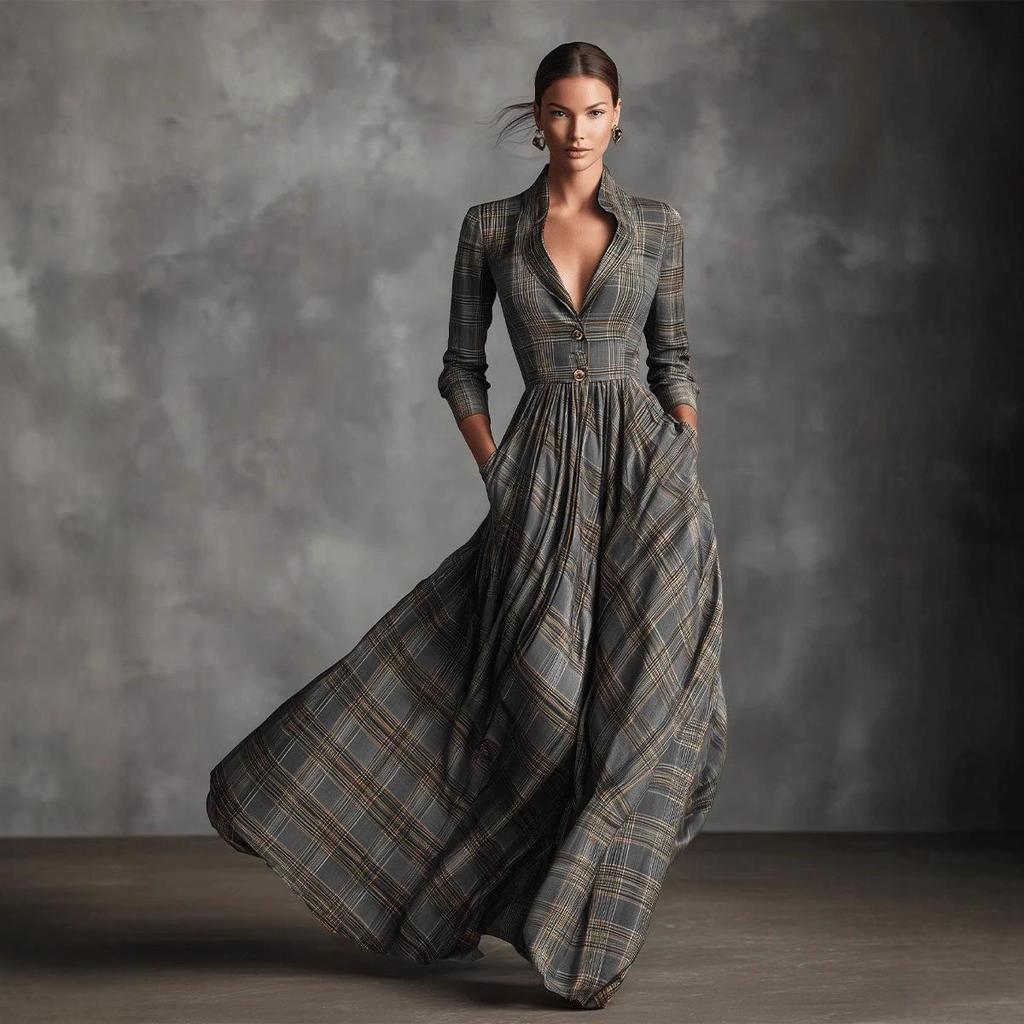 2025 European & American Women's Retro Plaid V-Neck Long Dress - Autumn/Winter Elegant French Style