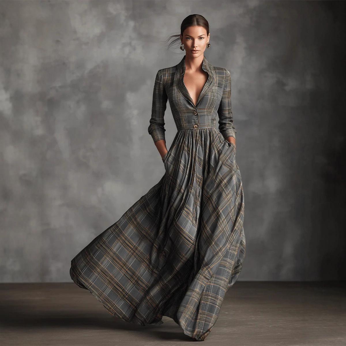 2025 European & American Women s Retro Plaid V-Neck Long Dress - Autumn/Winter Elegant French Style XL