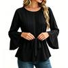 Women's Color Pleated Round Neck Long Sleeve Blouse Top for Casual Everyday Wear