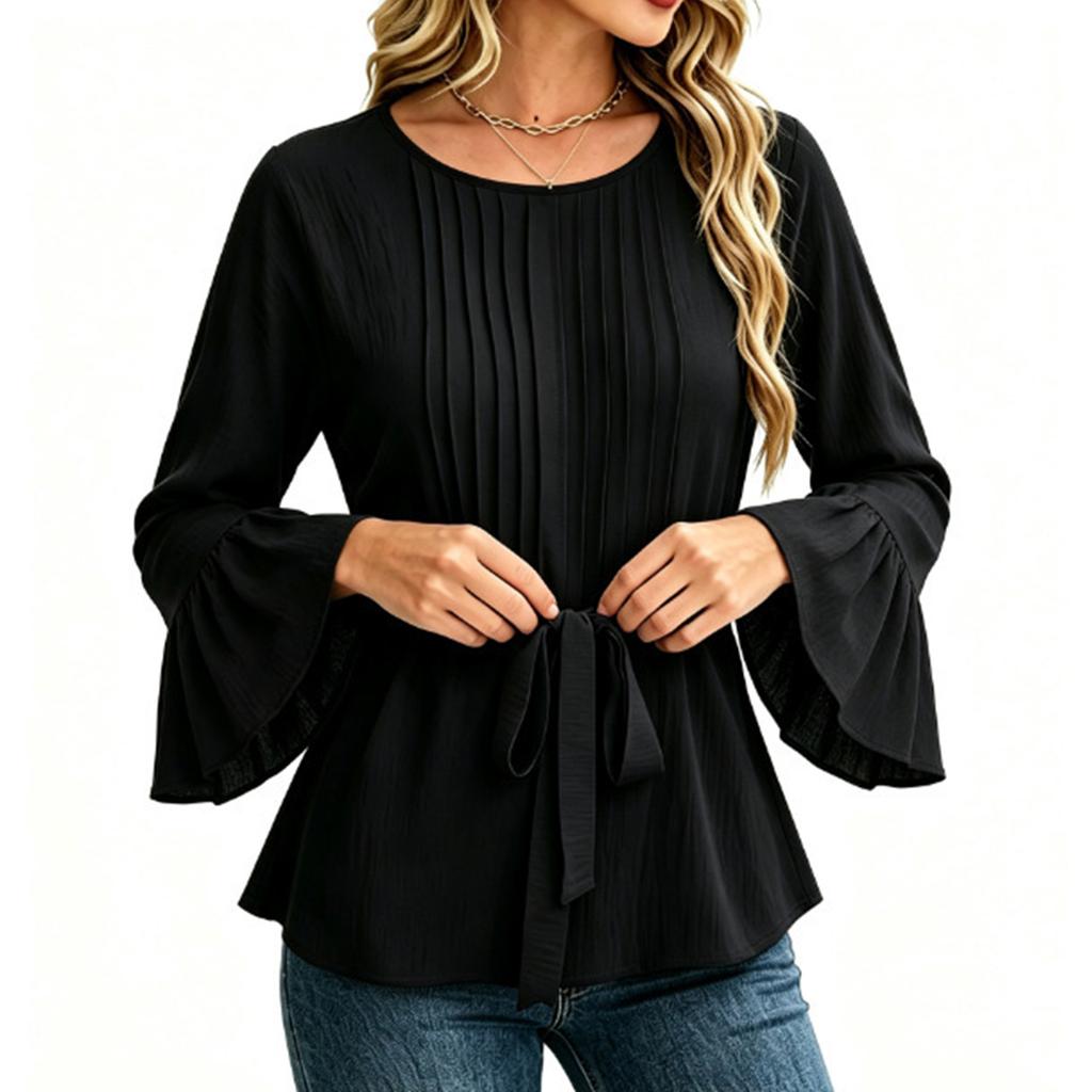 Women's Color Pleated Round Neck Long Sleeve Blouse Top for Casual Everyday Wear