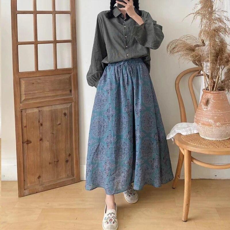 Johnature Vintage-Druck, elastische Taille, alle passenden Damen-Röcke, Herbstblau, lockere Krawattenröcke