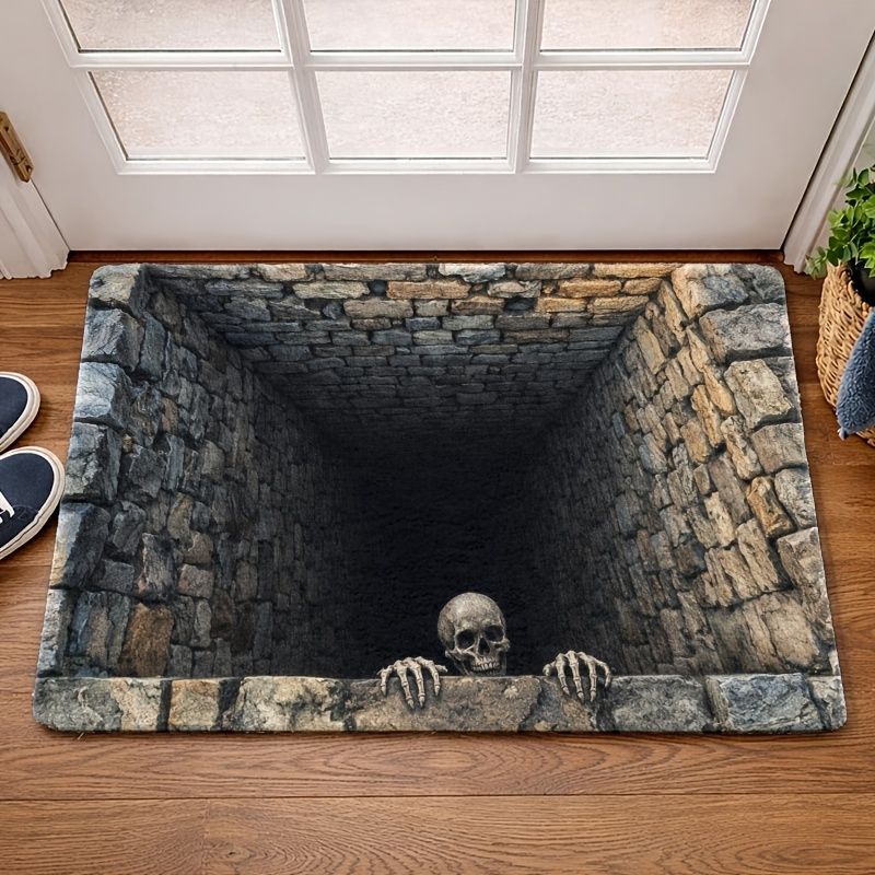 3D Visual Trap Skeleton Deep Pit Door Mat, Spooky Non-Slip Entry Rug, Gothic Aesthetic Halloween Thrilling Home Decor Mat