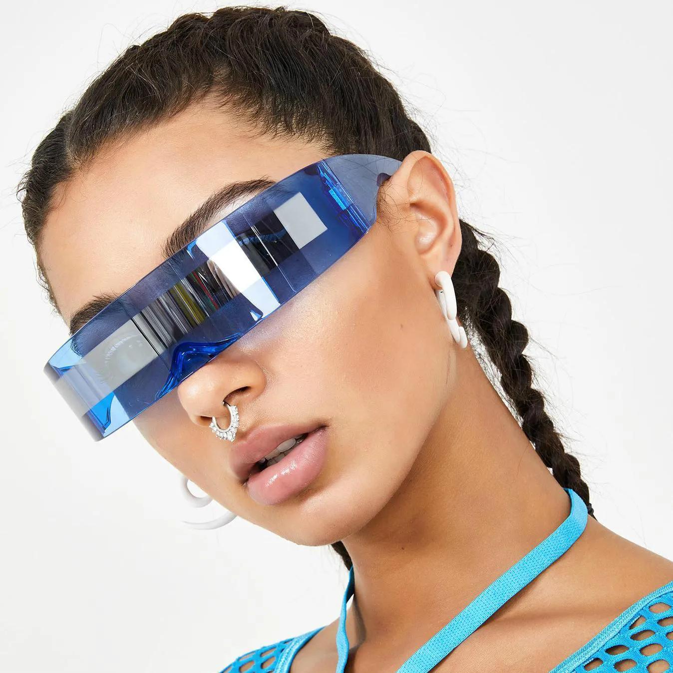 

Y2K Rimless Sunglasses One Piece Lens Wrap Around Cyber Punk Futuristic Men Women Hip Hop Party Sun Glasses Oculos De Sol MULTI