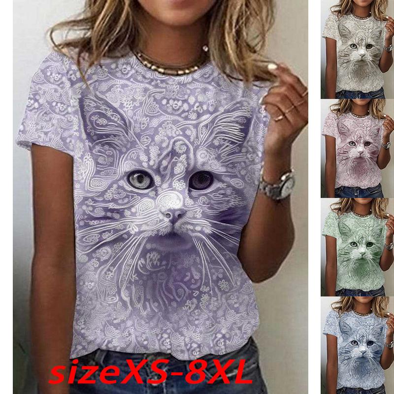 

Женщины Летняя футболка Шаблон Кошка Принт Короткий рукав Тройники Повседневные печатные топы