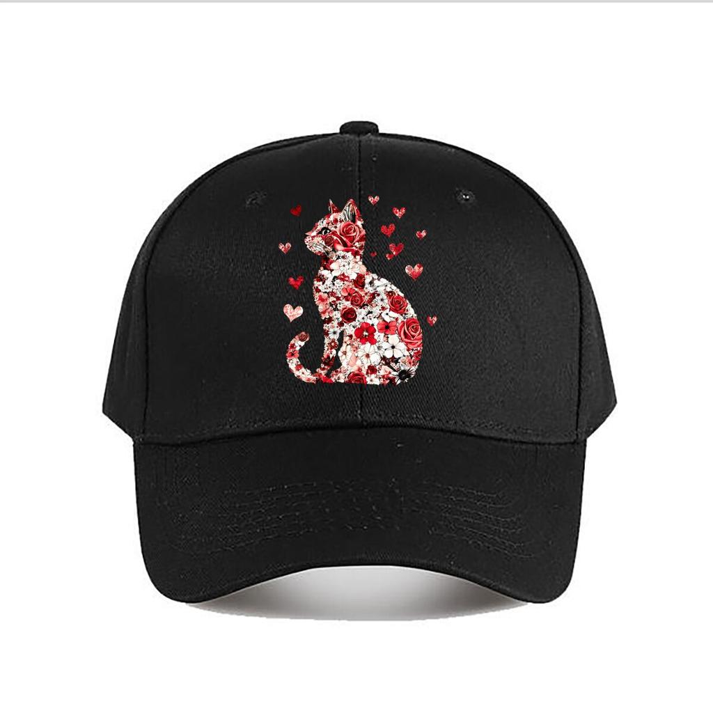 Floral Rose Cat With Hearts Wall Decor Baseball Cap Fashion Unisex Sunhat Womens Outdoor Sports