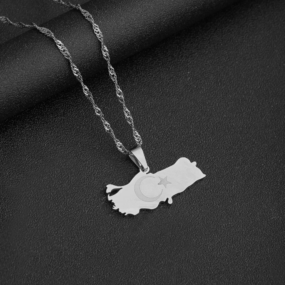 Retro Drip Oil Türkei Karte Edelstahl Halskette - Geometrischer Anhänger Schlüsselbeinkette Schmuck