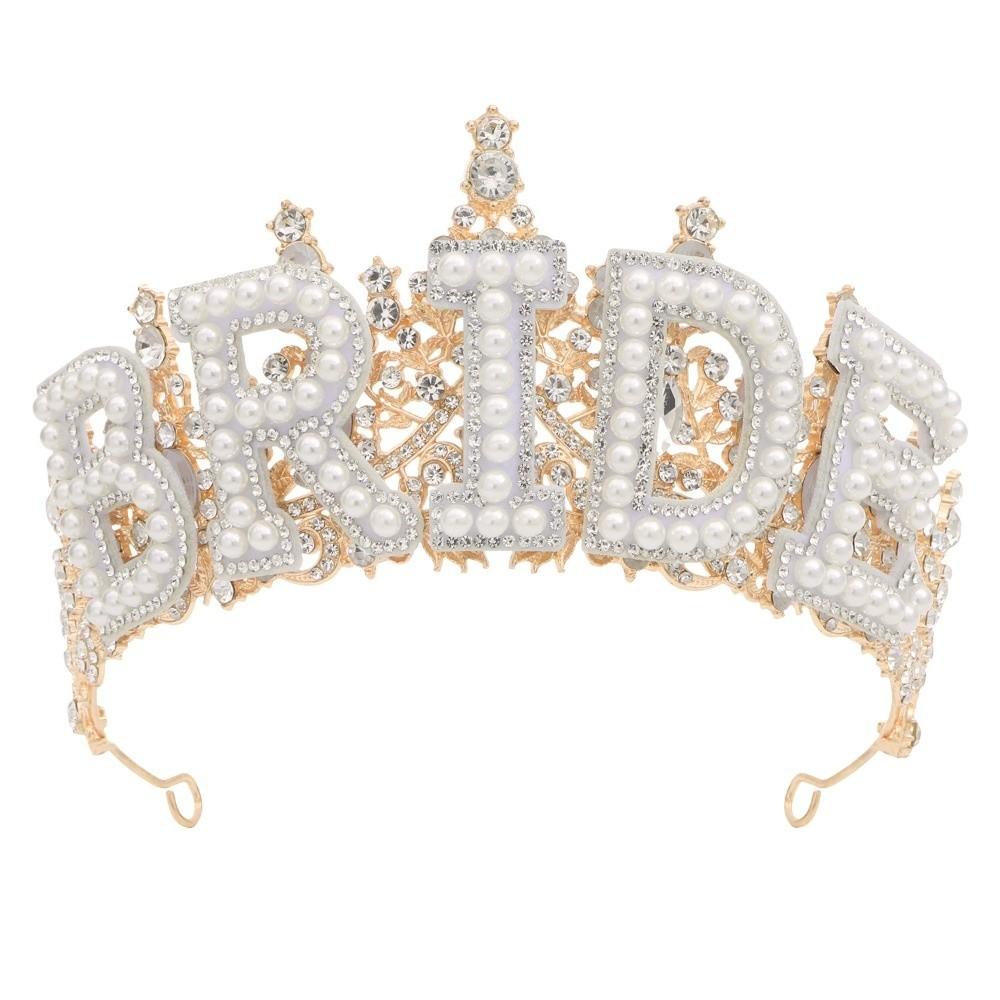 Wedding Decoration White Pearl Letter Crown Shiny Bride Tiara Zinc Zinc Alloy Rhinestone Headband Wife Gift