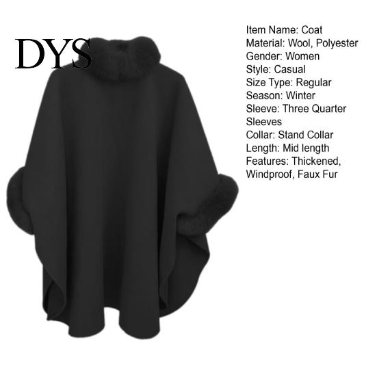 Winter Coat Lady Cape Dolman Sleeves Thick Shawl Loose Stand Collar Solid Cozy Wool Blend Trench Color Faux Fur Decor Warm Daily Wear Work Outdoor