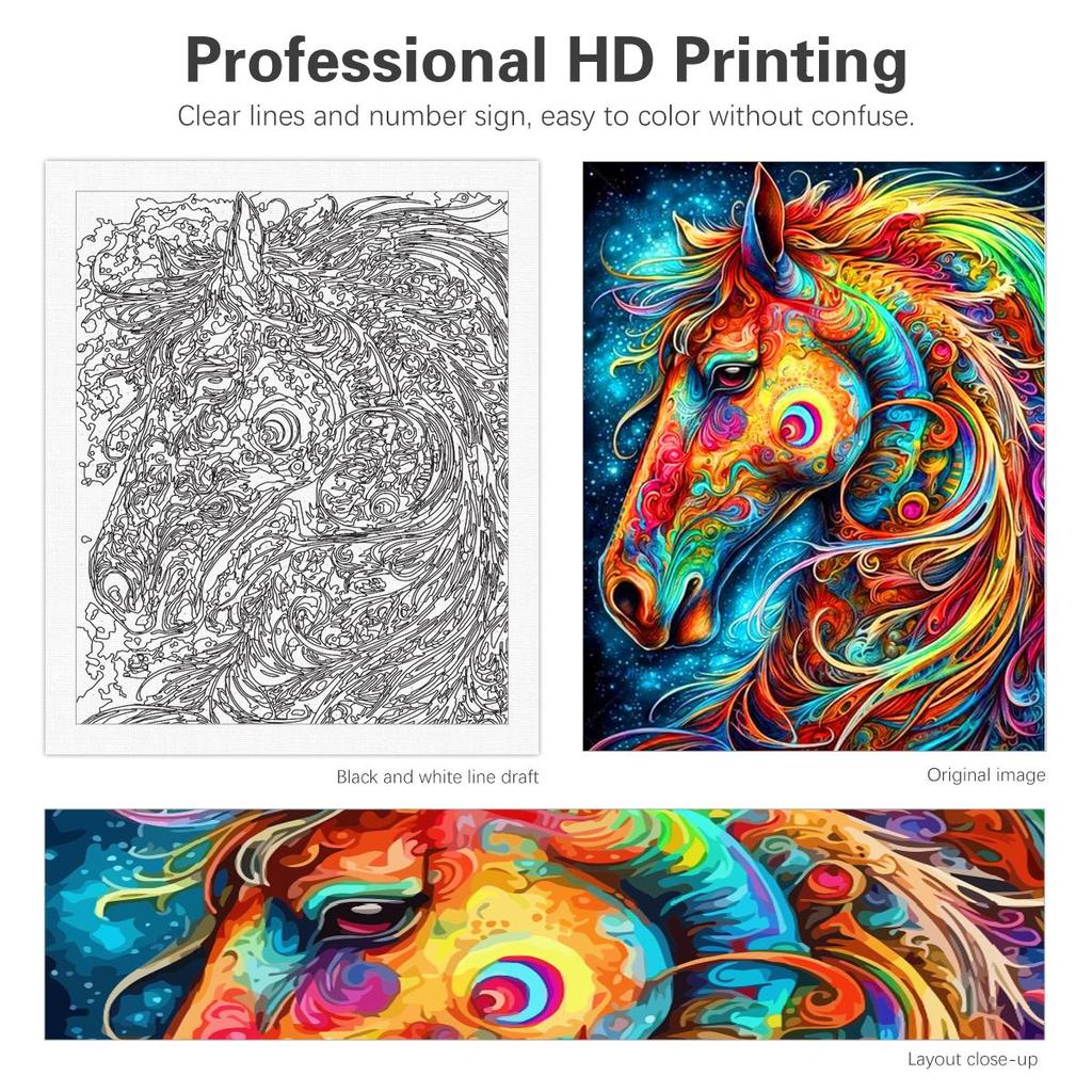 Rám kutilské malování podle čísel pro dospělé Sady Barevné koně Zvířátka Ruční práce Malování čísel Startovací sada pro domácí dekorace 40x50cm