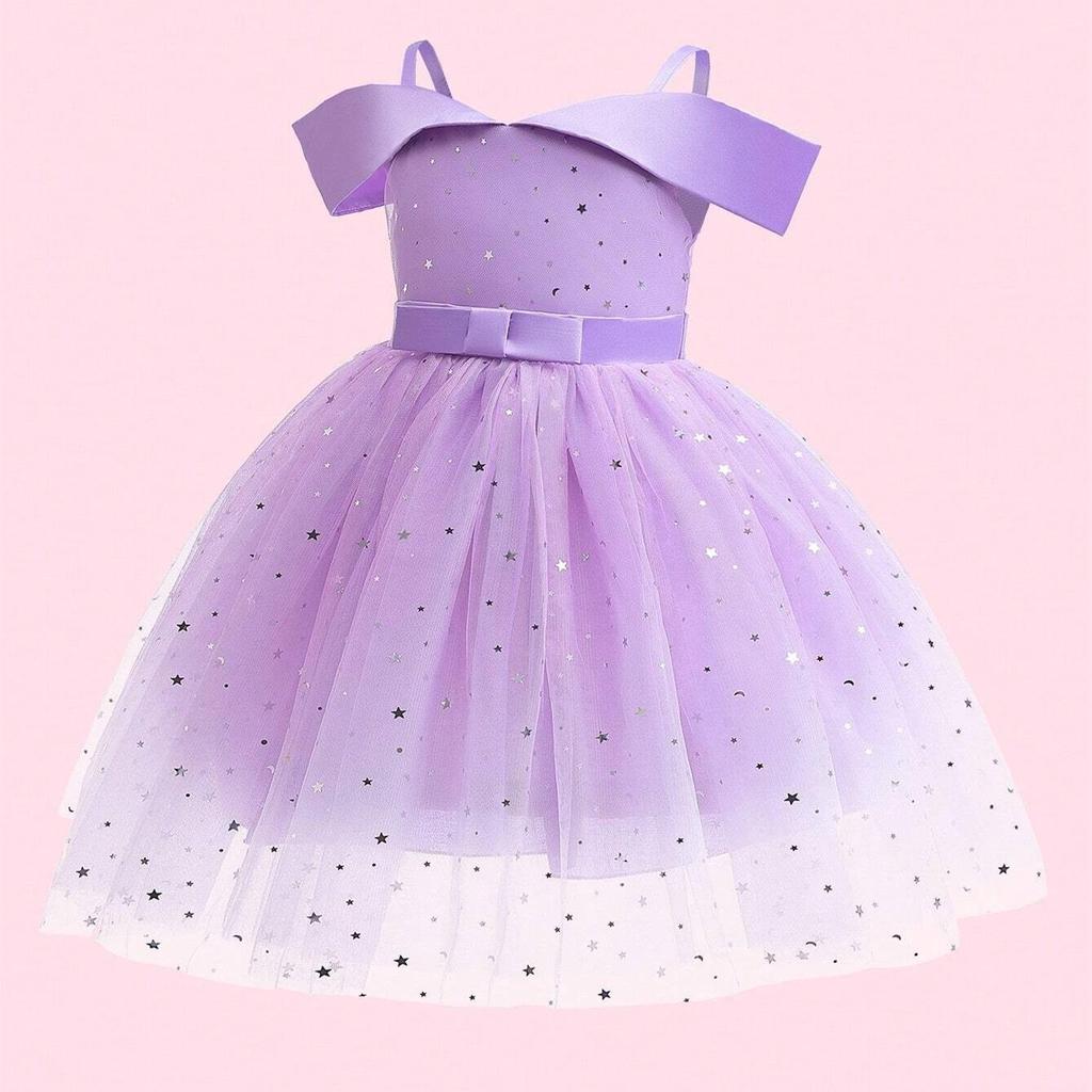 Toddler Girls Cold Shoulder Galaxy Mesh Party Dress Casual Dresses Kids Princess Pageant Gown Christmas Party Paillette Wedding Dress