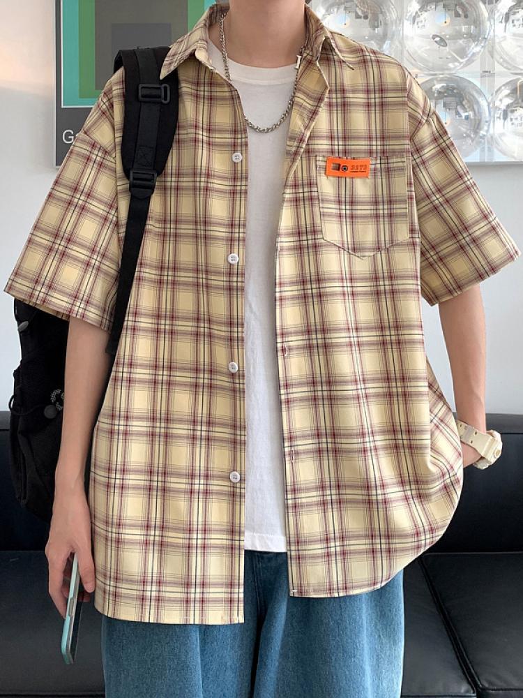 

Мужская рубашка в ретро-стиле с коротким рукавом в желтую клетку — японский облегающий крой, студенческий стиль 3XL хаки