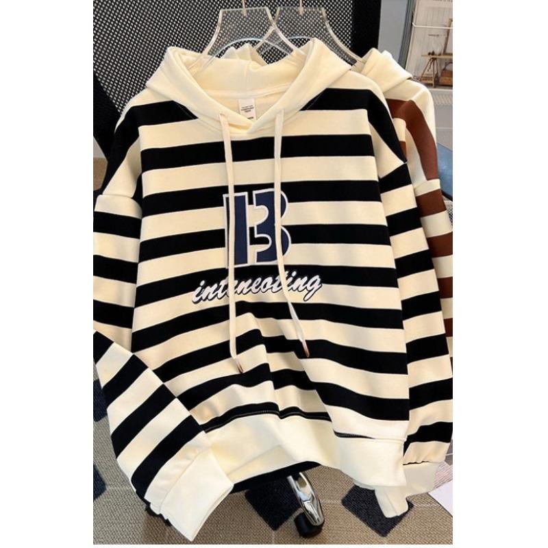 New Autumn Winter Hooded Plush Sweatshirt for Women Fashion Printed Long-sleeved Jacket Loose Striped Top Ins Trendy