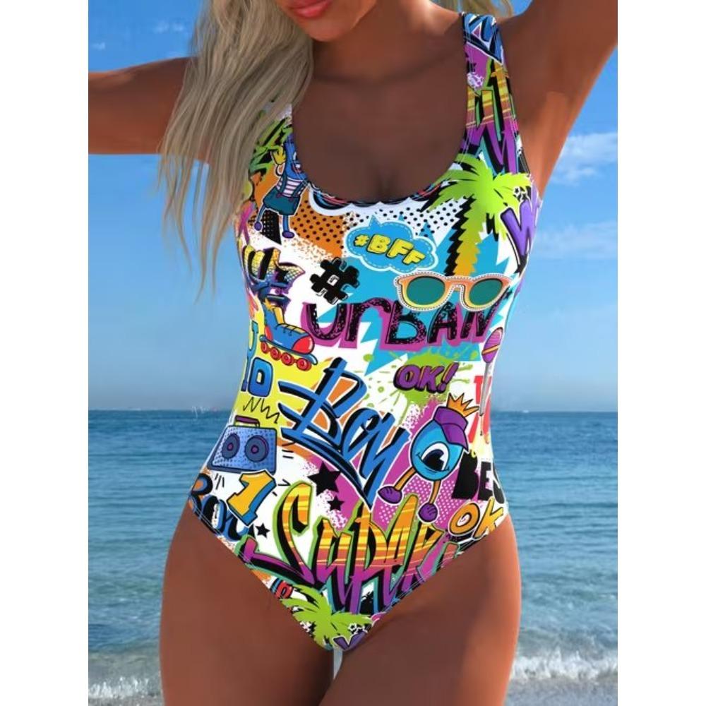 Summer Sexy Abstract Pattern Printed One-piece Swimsuit Slim Fit and Slimming, Deep U-back Design, Beach Pool Vacation Eye-catching Fashion Swimsuit