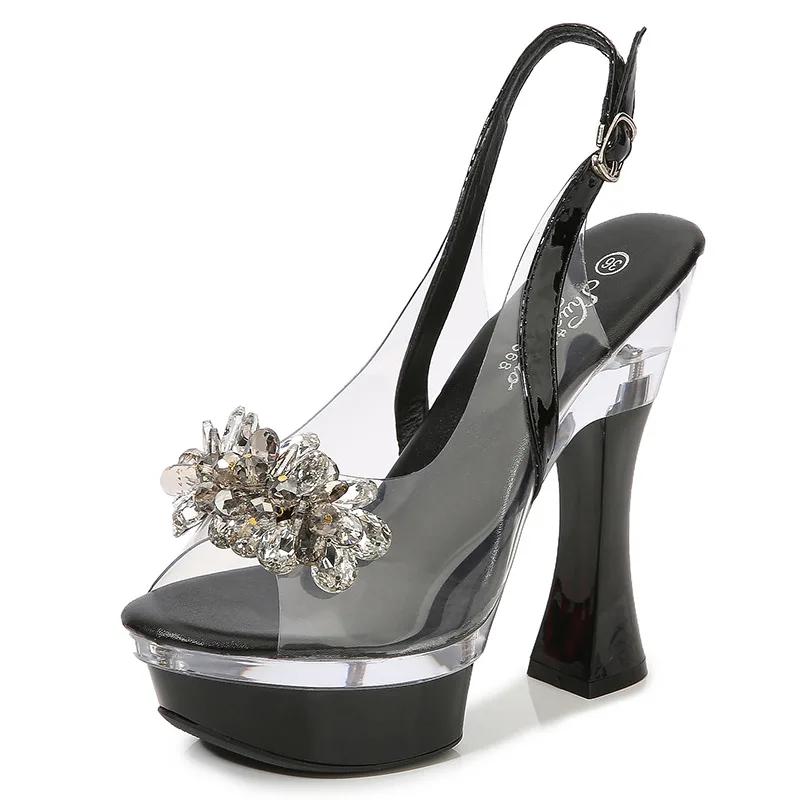 Rhinestone Fishmouth Shoes Nightclub Thick Heel High Heels 14CM Car Model Sandals Female Catwalk Steel Tube Women's Sandals