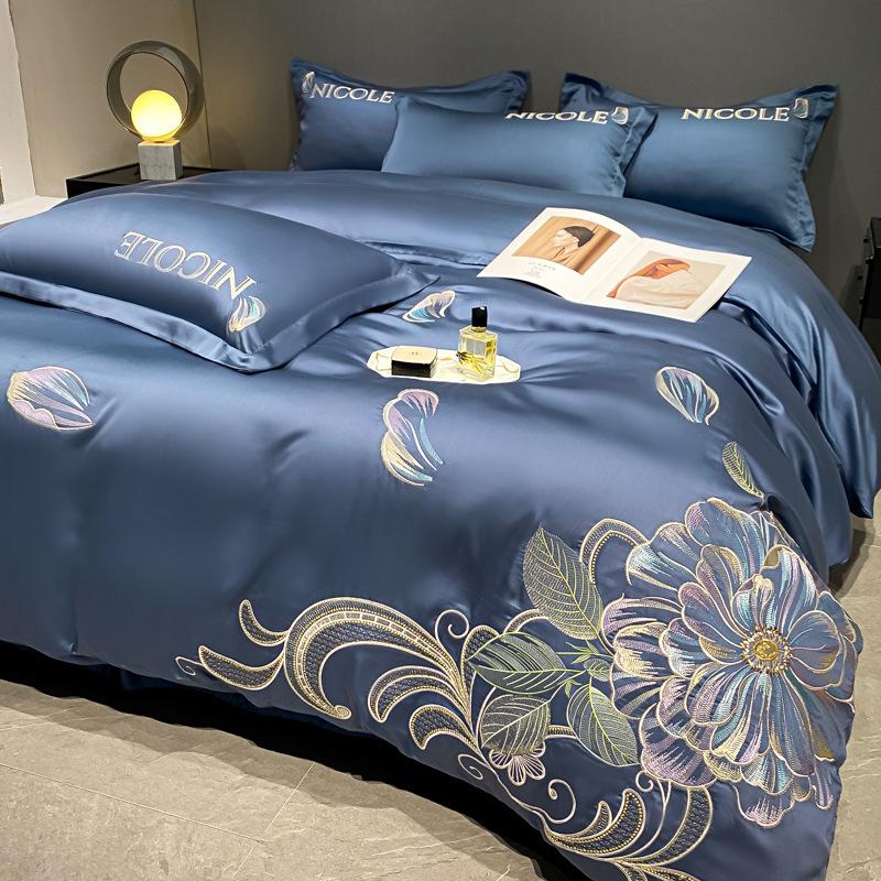 

Комплект постельного белья из ледяного шелка, четырехпредметный, вышивка, приятный к коже, дышащий, удобный, простыня, пододеяльник, наволочка 2.0m bed