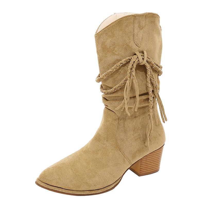 2025 autumn retro fringed knight boots thick heel but knee boots slim pile pointed boots women