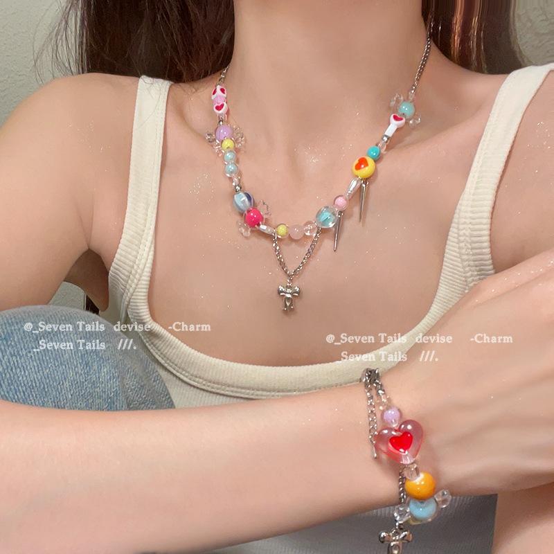 Rainbow Candy Necklace Women INS Niche High Sense Viral Internet Accessories Sweet Cool Girls Clavicle Chain Trend Neck Chain