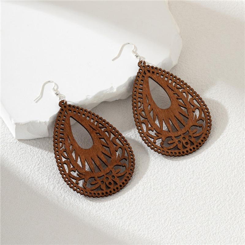 Wooden water drop-shaped hollow design earrings antique earrings versatile elegant geometric handmade literary retro