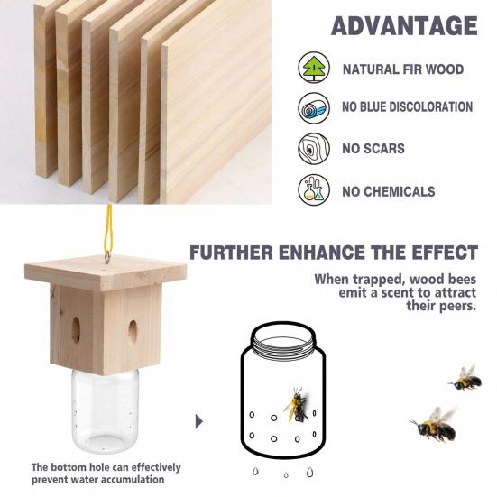 Yousheng Carpenter Bee Trap Nest, Outside Hanging Bee Catcher, Wood And Glass Jar Design, Effective Carpenter Bee Removal for Home Yard