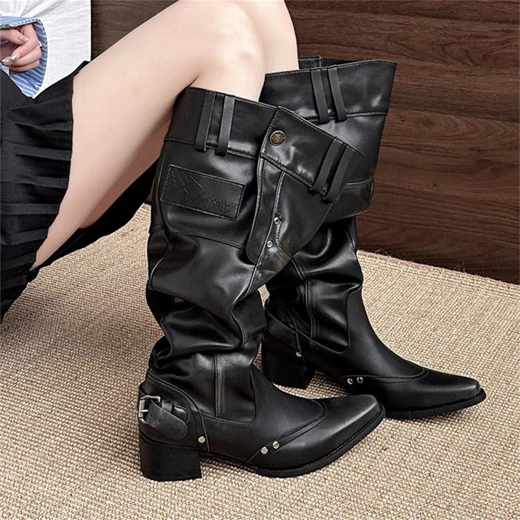 Spice girls big tube circumference boots women's new French high-end pointed thick heel knight stack boots