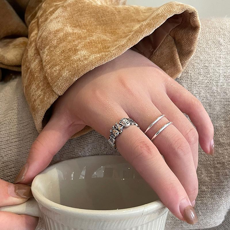 Ins Style Trendy Adjustable Open Ring With Vintage Cartoon Bear And Rabbit Characters Ideal For Fashion Forward Jewelry Womens