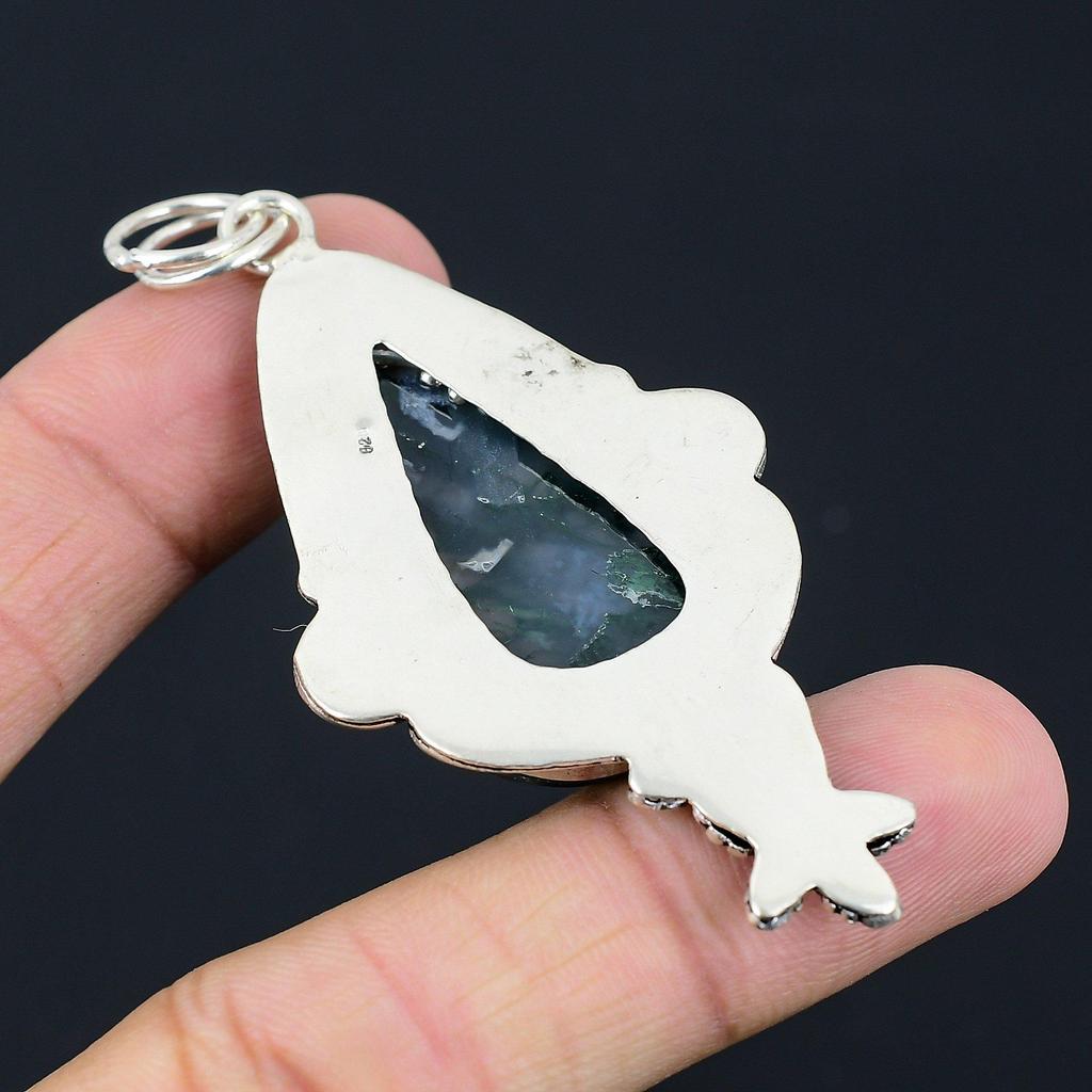 Gift For Women Pendant Flower 925 Silver Natural Carved Solar Moss Agate