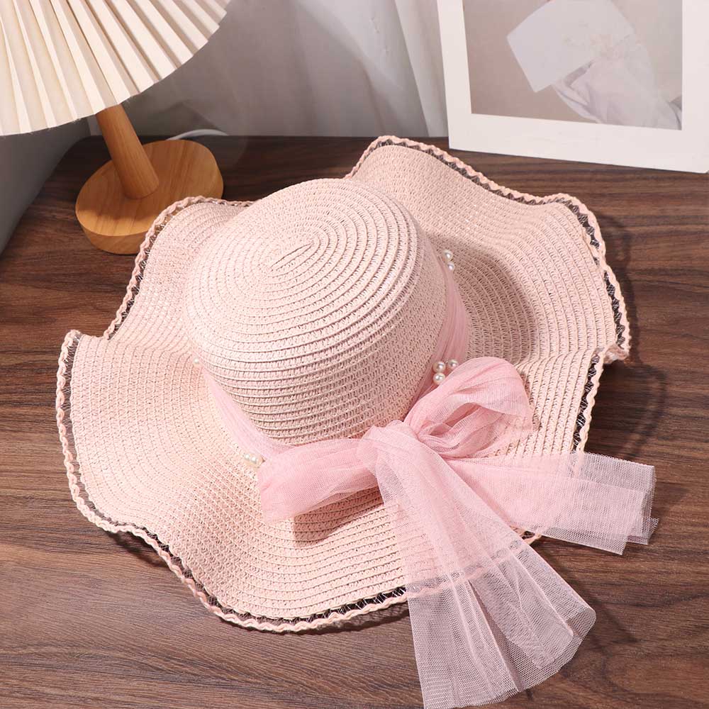 Spring Summer Lace Pearls Straw Hat French Style Women's Sun Hat Bow Ribbon Straw Hat  Girls