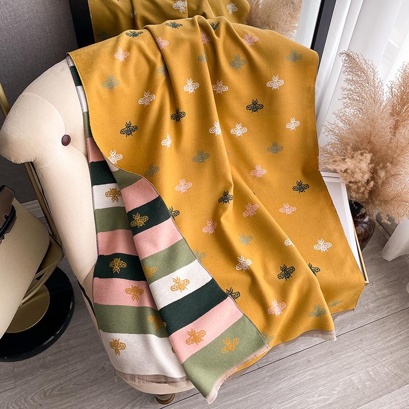 Scarf Women'S Winter High-Grade Imitation Cashmere Double-Sided Butterfly Printing Warm Temperament Air-Conditioned Room Shawl Scarf