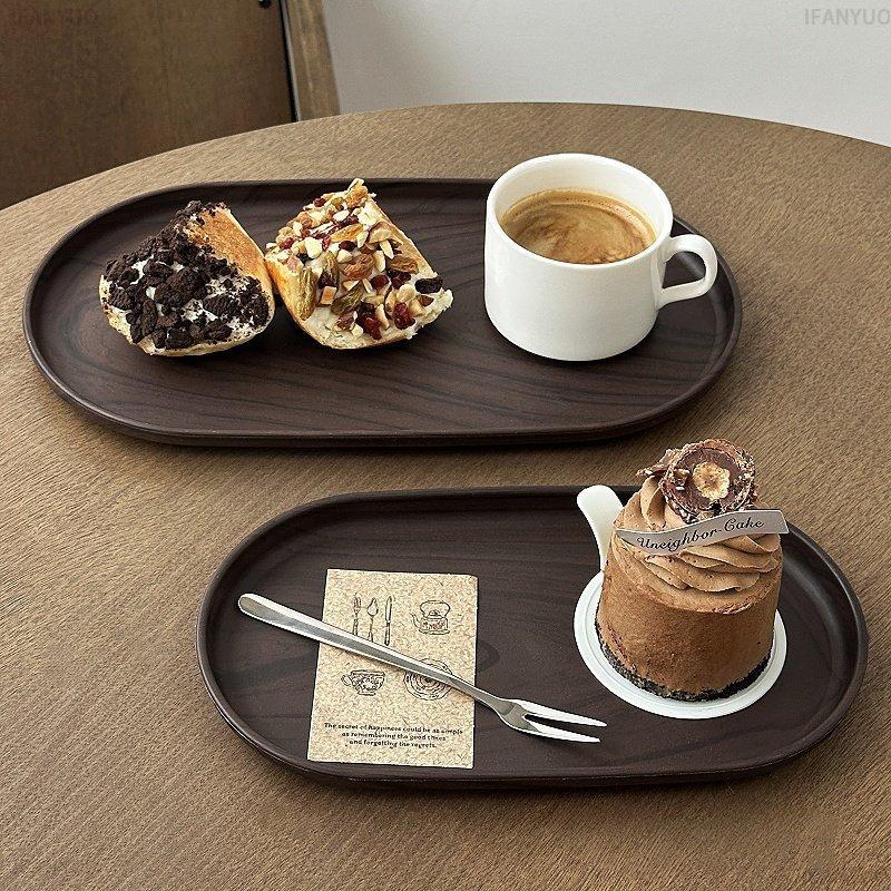 Walnut Wood Grain Oval Tray Smooth Surface Tea Trays Vintage Fruit Platter Afternoon Tea Coffee Dessert Plate Table Deocr Tools